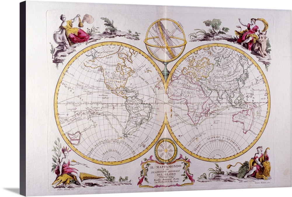 An antique map of the worlds with embellishments, allegorical personifications, graticules, country, and ocean names.