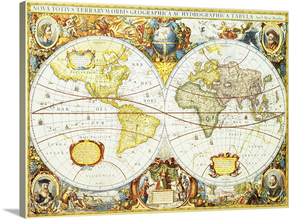 A new land and water map of the entire earth. Map of the world from Henry Hondius, 1630.