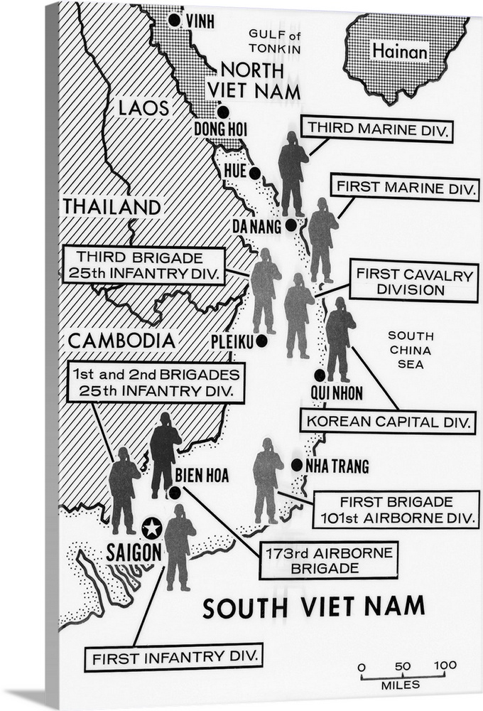 Vietnam: Map of the different U. S. military brigades and divisions in both North Vietnam and South Vietnam during the Vie...