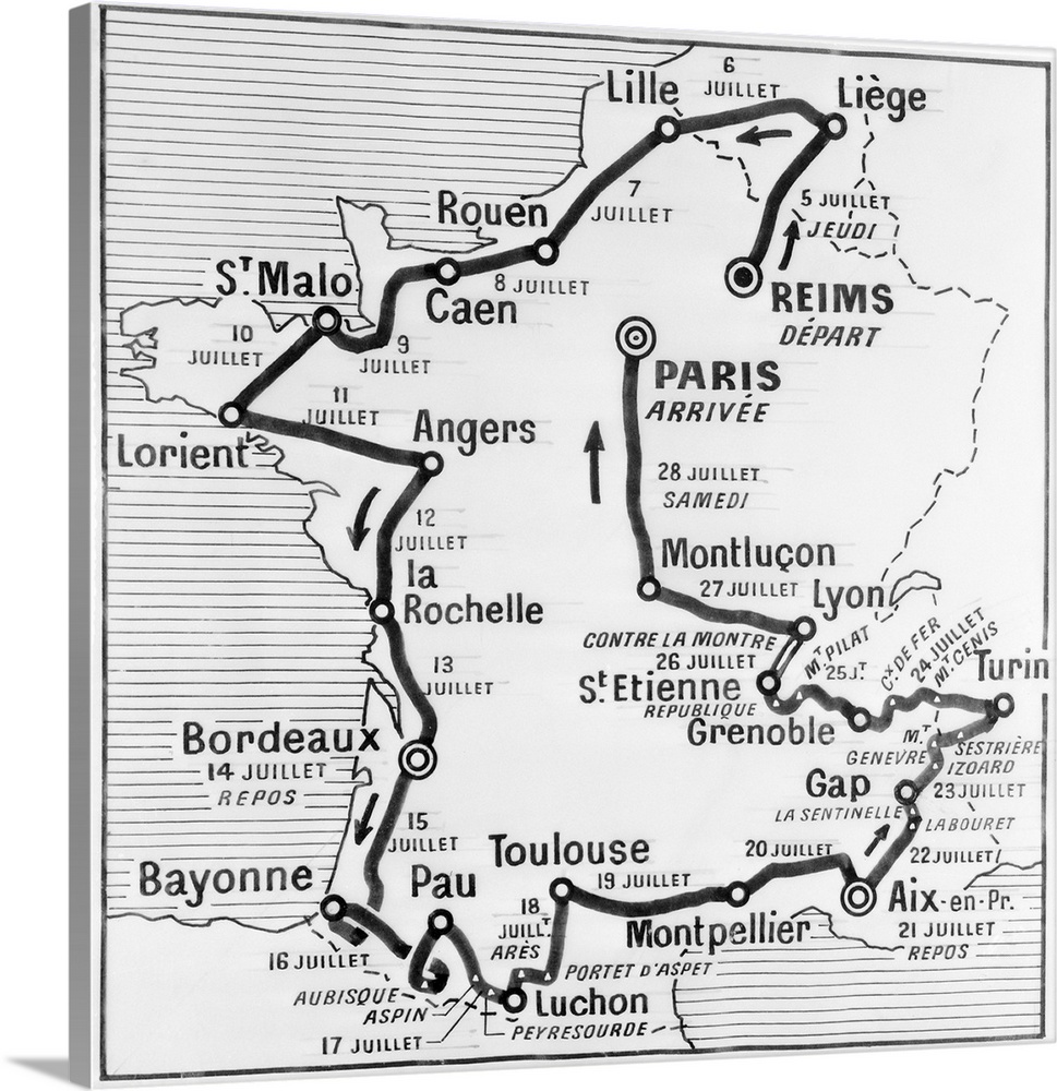 This map shows the route of the 1956 version of the famed Tour De France bicycle race. The race will start in Reims on Thu...