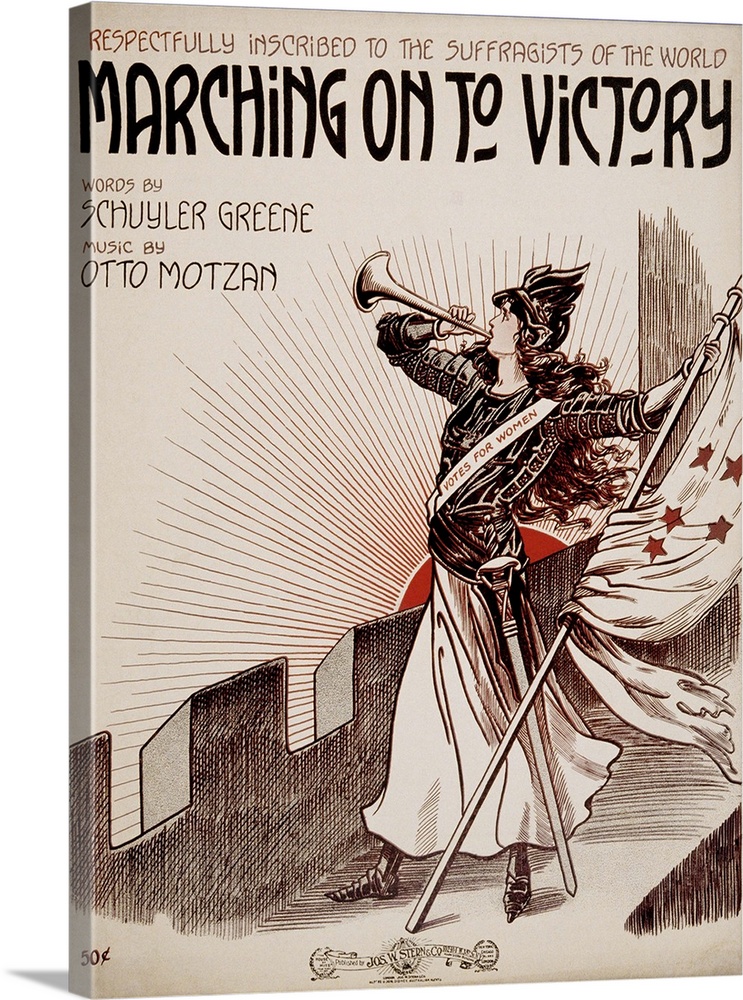 American sheet music titled Marching On To Victory which was Respectfully Inscribed to the Suffragists of the World. In Gr...