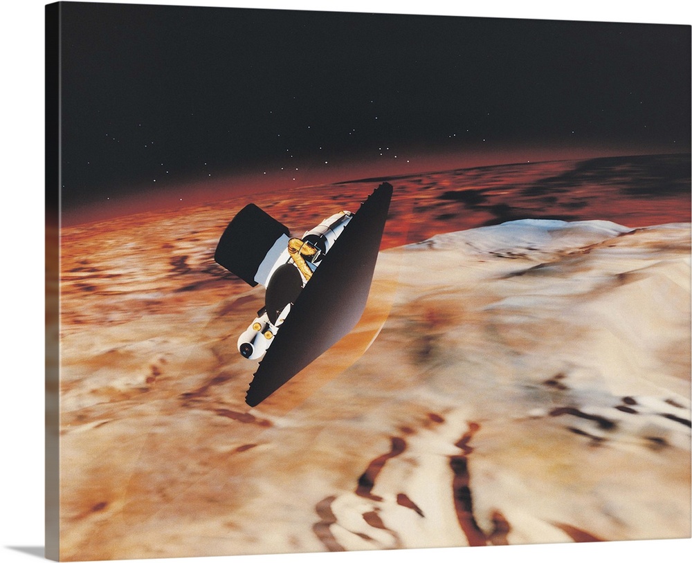 Mars piloted vehicle performing an aerobrake maneuver over Mars (Computer Generated Image)