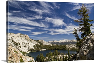 May Lake with wispy cirrus clouds, California