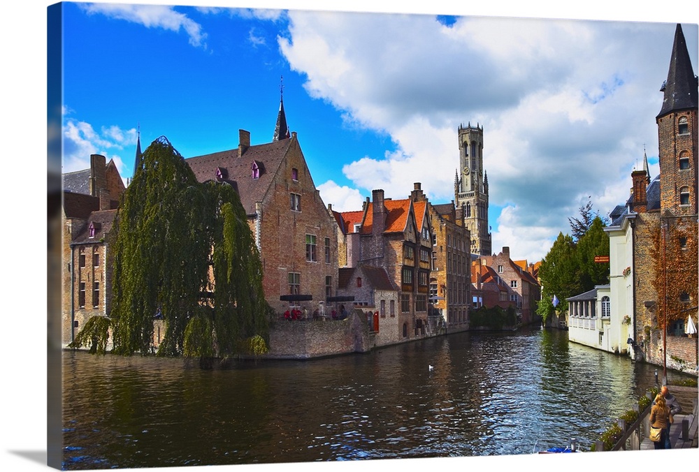 Rozenhoedkaai . Quay of the rosary with Belfort tower, Bruges, Brugge, Flanders,Belgium, UNESCO World Heritage Site.