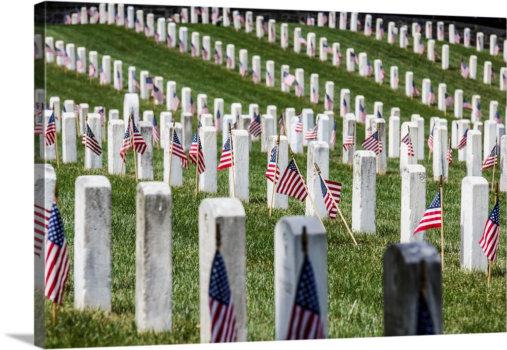 America flags stand in front of rows of white uniform gravestones at the well maintained grassy Annapolis veteran's cemete...