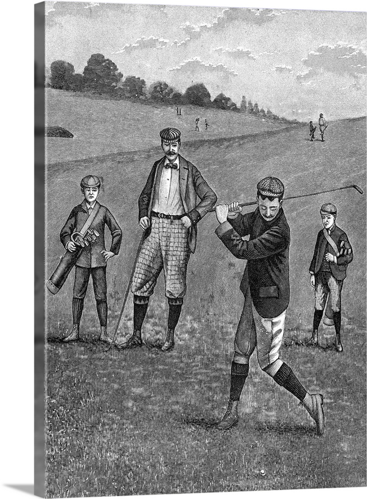 A game of golf in the 1880s. Men in knickers, the typical attire of the day. Undated engraving.