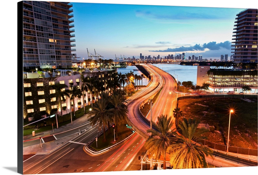 City lights trail at night, Miami Florida Miami beach