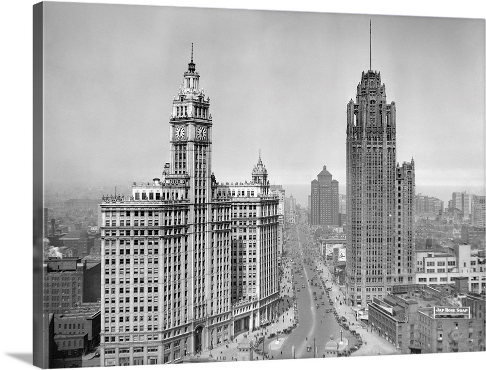 HIgh angle view looking north up Michigan Avenue. Wrigley Building is the left, Tribune Tower is on the right, and The All...