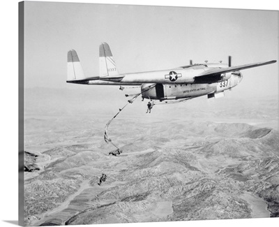 Military airplane with paratroopers of the 187th Airborne Regiment, Pyongyang, Korea