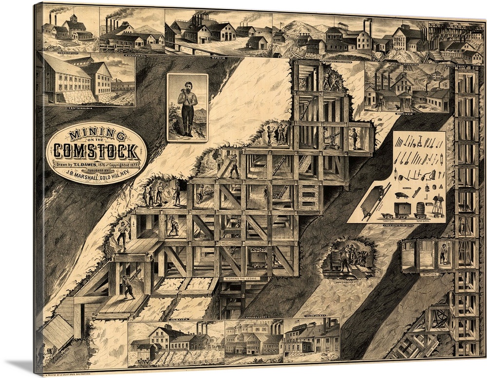 Drawn by T.L. Dawes, engraved and printed by Le Count Brothers, San Francisco, 1876. Cutaway of hillside showing tunnels a...