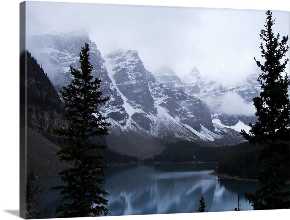 Misty morning in Moraine Lake, Banff National Park, Alberta, Canada.