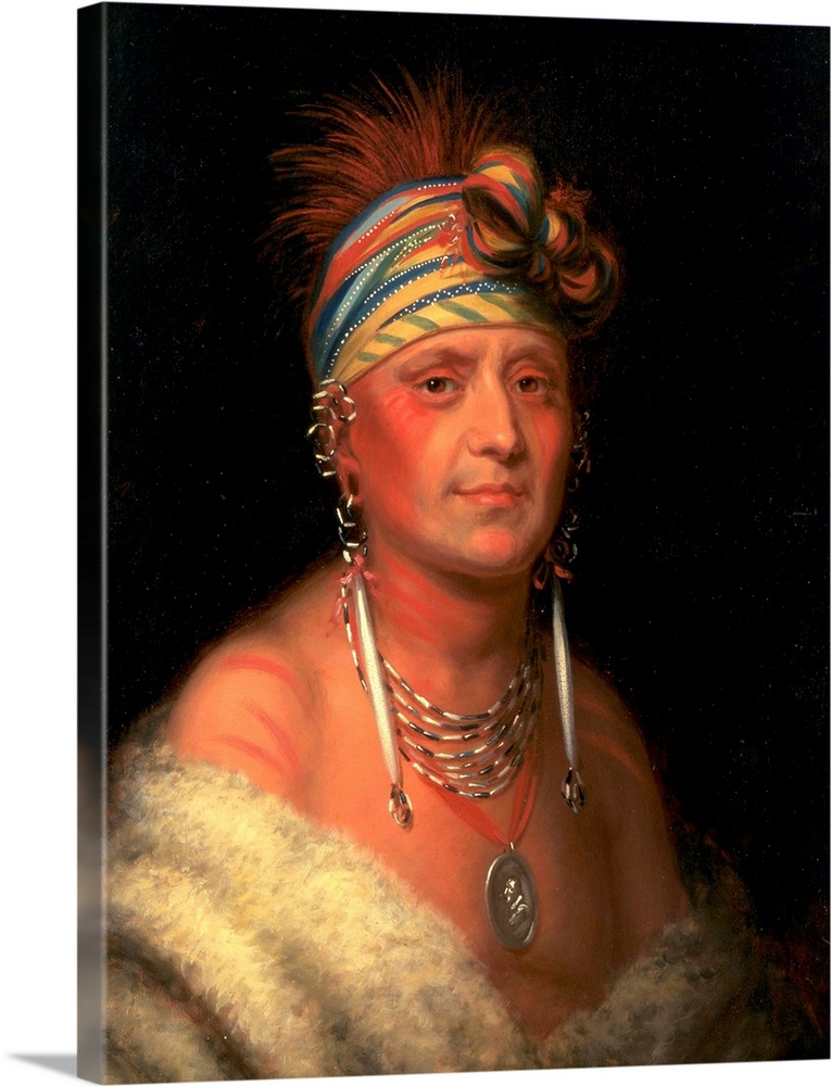 Monchousia (White Plume), a chief of the Kansa tribe. Painting from circa 1822, oil on panel, 44.4 x 35.1 cm (17.48 x 13.8...