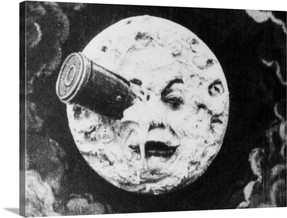 Depiction of Man in the Moon with a rocket in his eye from the 1914 silent animated film A Trip to the Moon directed by Ge...