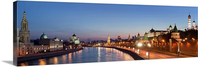 Moscow River, Cityscape with Cathedral of Christ the Saviour and Kremlin at dusk
