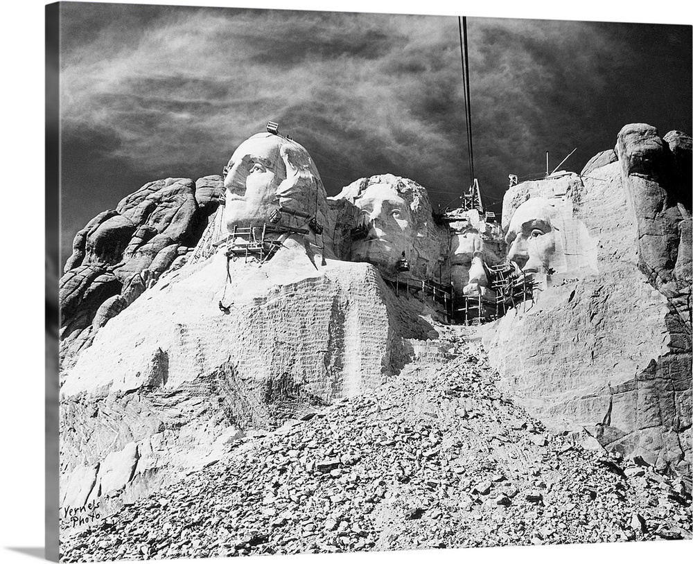 View of Mount Rushmore National Memorial, showing work in progress. Undated photograph, circa 1940.