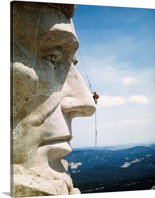 Mount Rushmore Repairman Working On Lincoln's Nose