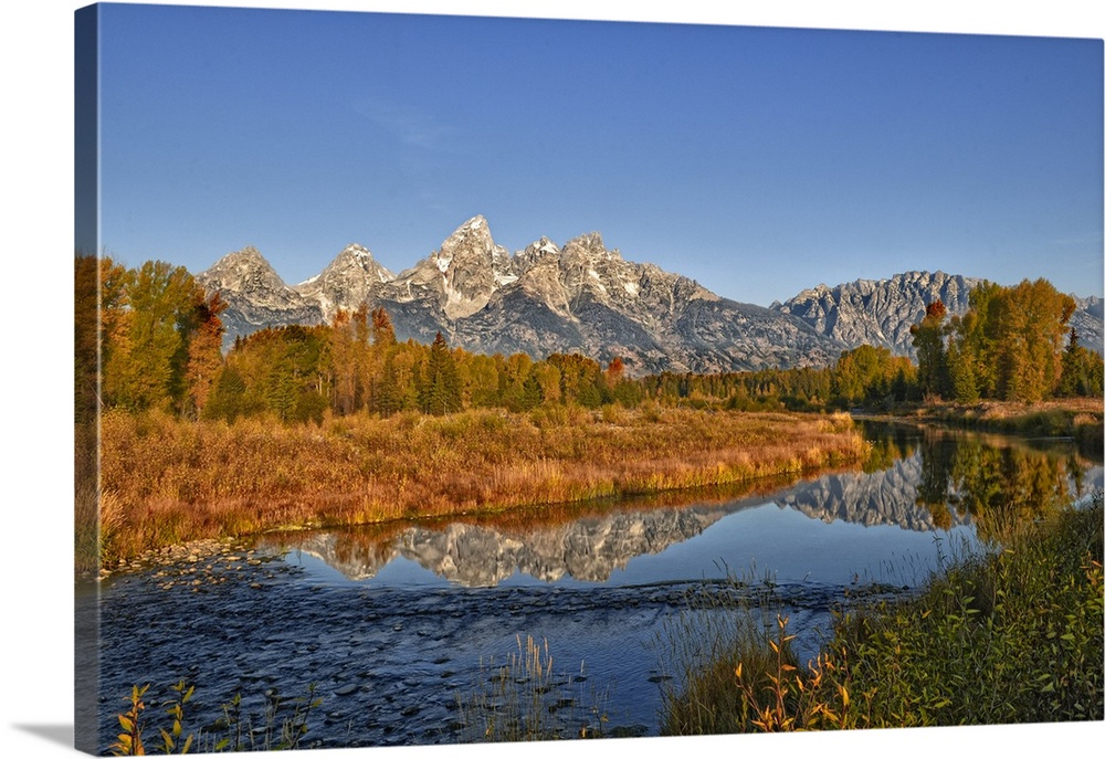 Mountain stream meanders through mountain meadow in fall colors with Teton mountains in background and reflected in water.