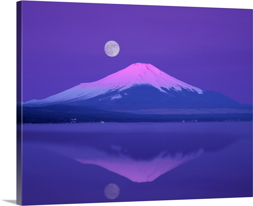 Mt. Fuji below full moon,  Yamanashi Prefecture,  Japan