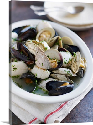 Mussels, scallops, clams in broth