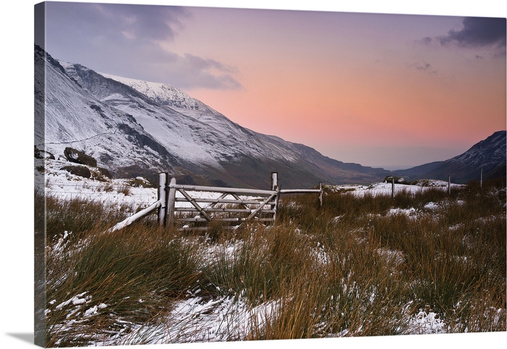 Nant Ffrancon valley towards coast from Ogwen Cottage in Snowdonia on winter morning.