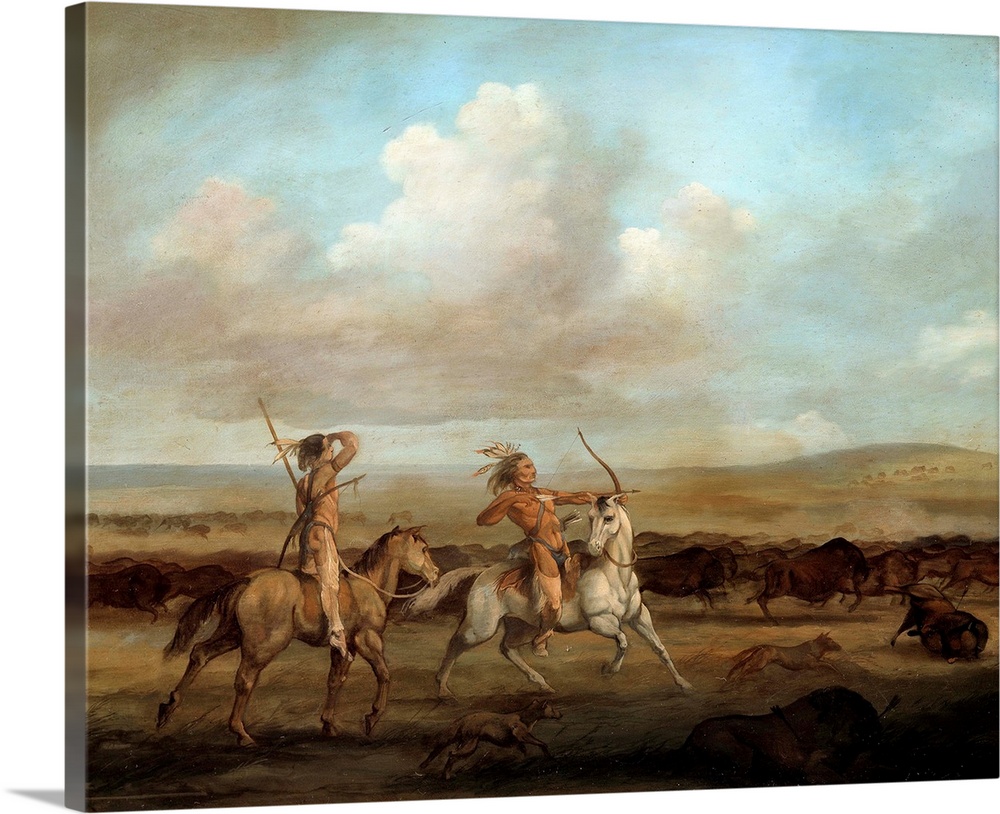 Native Americans on horseback hunting bison. Painting by George Catlin (1794-1872), 19th century. Museum of the New World,...