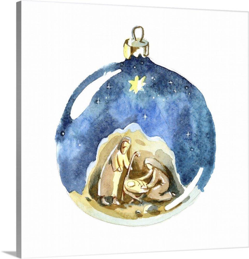 Watercolor Christmas ball decoration featuring the Holy family, Joseph, Mary, and newborn Jesus.