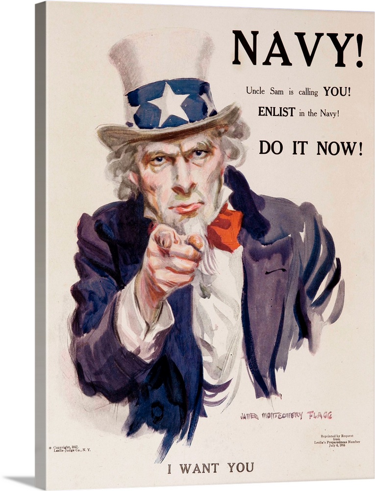 1917 World War One Navy Recruiting Poster, Uncle Sam, in red white and blue clothing, points at the viewer, with the comma...