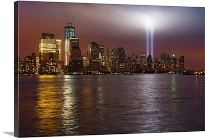 New York City, Manhattan skyline with 9/11 memorial lights