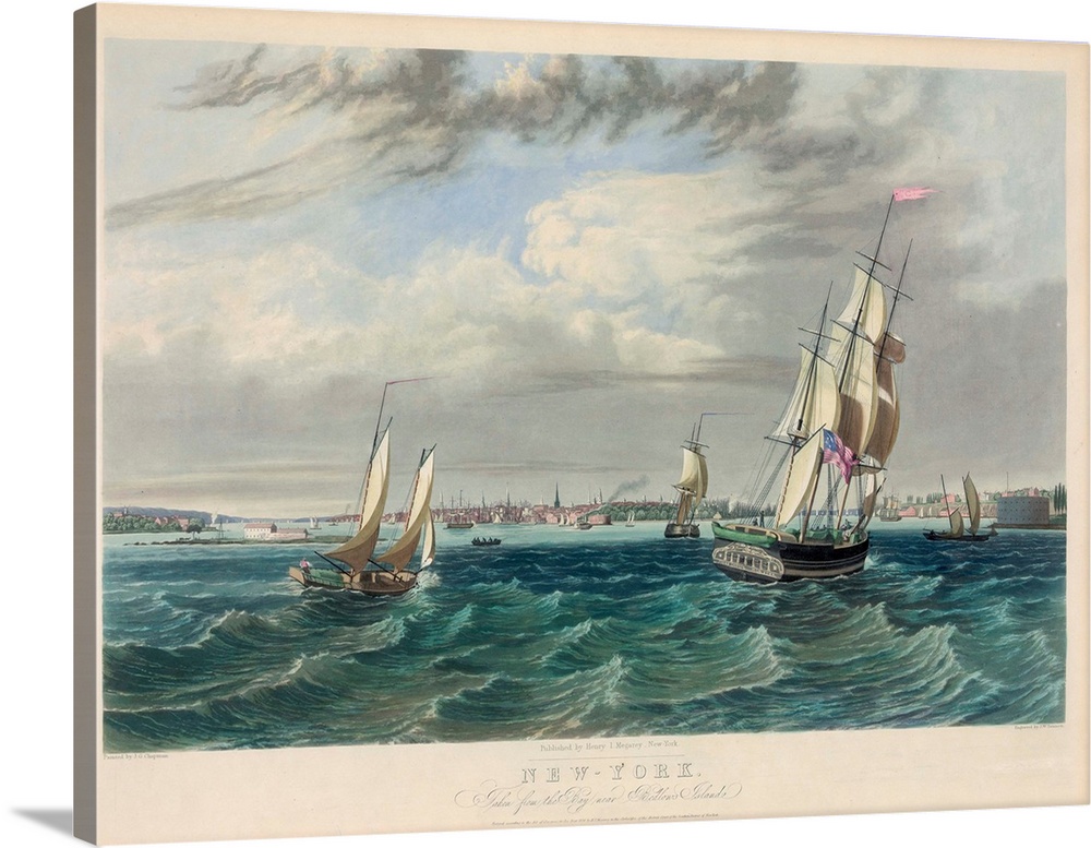 New York, taken from the bay near Bedlows Island. Print by William James Bennett, circa 1836.