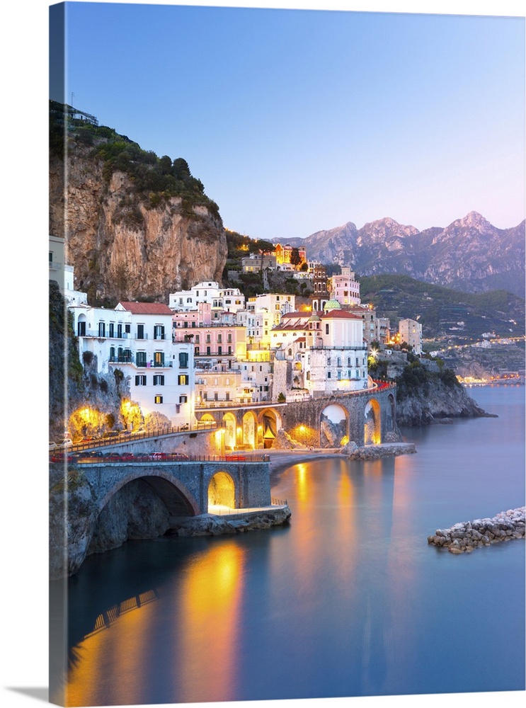 Night View Of Amalfi On Coast Line Of Mediterranean Sea, Italy Solid-Faced  Canvas Print