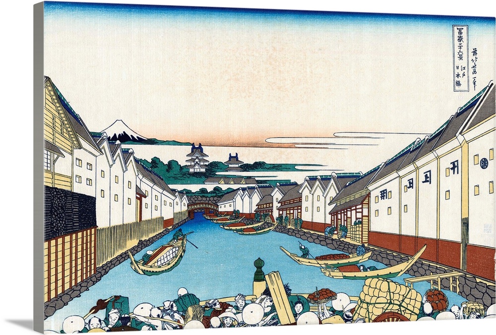 Nihonbashi Bridge in Edo (Edo Nihon-bashi), from the ukiyo-e series 36 Views of Mt. Fuji. Color woodblock print. Circa 183...