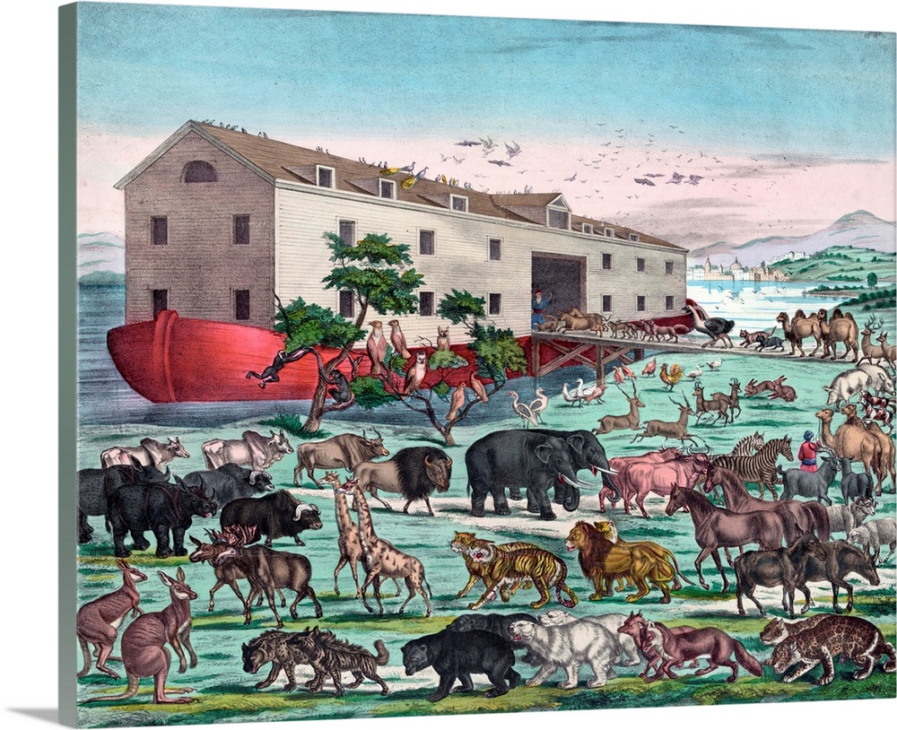 Noah's Ark and the General Deluge, with the animals entering Noah's Art two by two before the The Flood, color lithograph ...