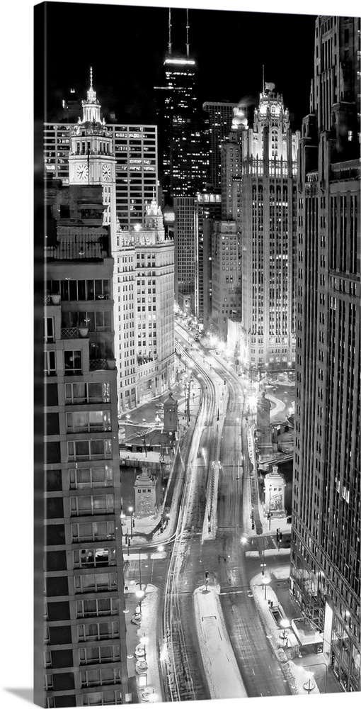 Panoramic monochromatic photographic from an aerial view looking through the downtown streets of the busiest city in Illin...