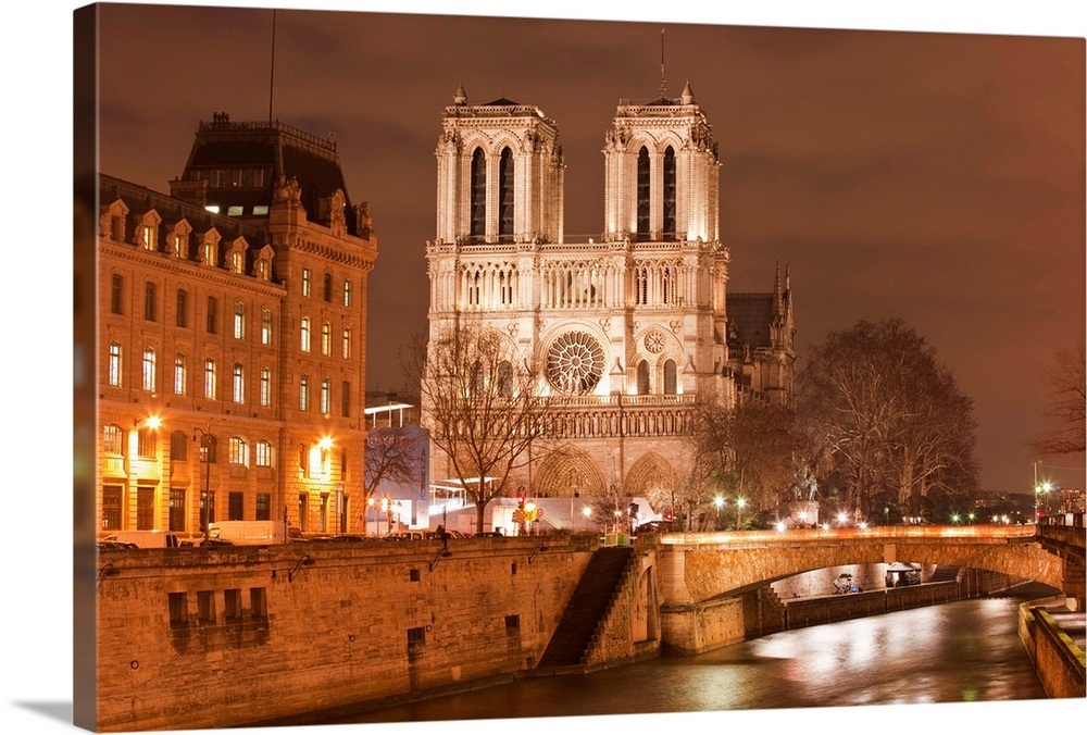 Notre Dame de Paris cathedral at night. Wall Art, Canvas Prints, Framed