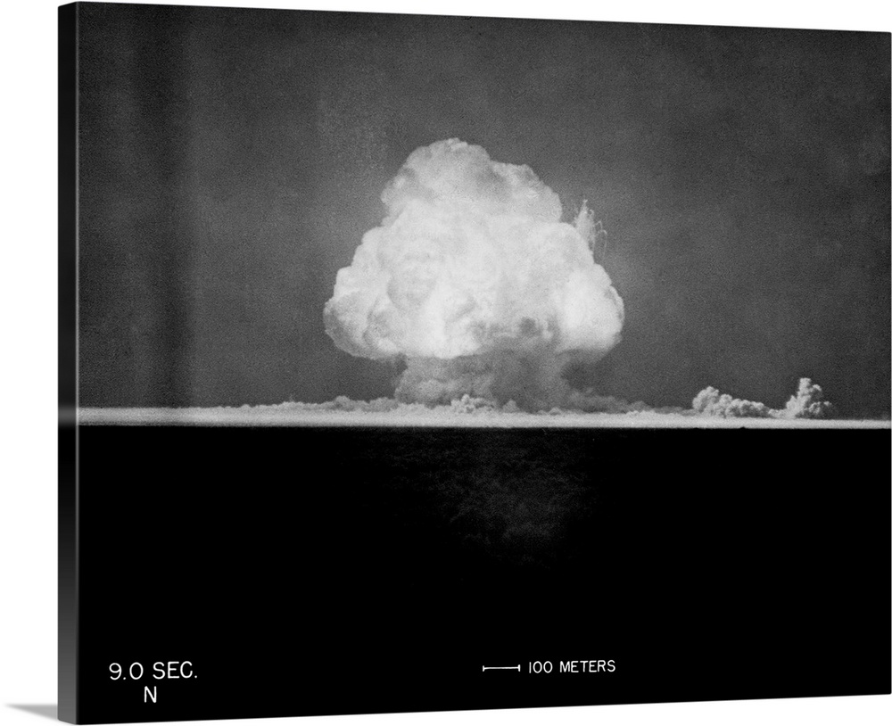 This photo taken at nine seconds after Gadget's detonation at 5:29:45 a.m. shows the tremendous fireball erupting in the e...