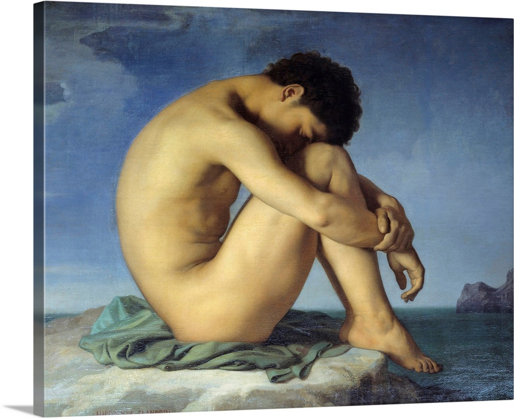 Young naked man sitting on the edge of the sea. Thinker in a in a fetal, slumber position of protection and reflection. 18...
