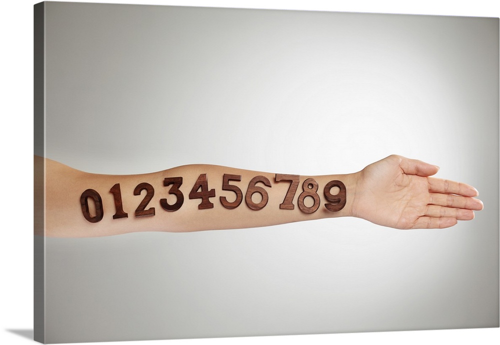 Numbers affixed to the arm,ands close-up