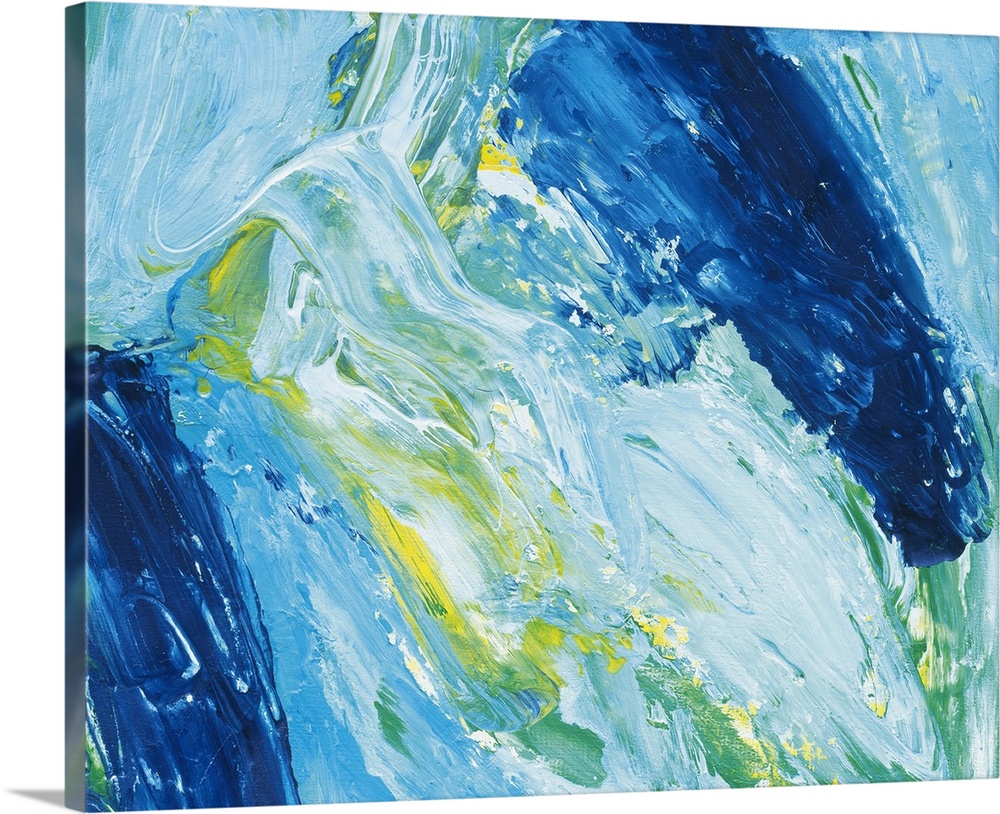 Painting in blue and green done with broad brushstrokes, giving an impression of crashing waves in the sea.