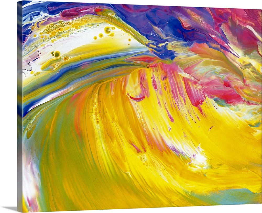 This vividly colored contemporary painting looks like an ocean wave curling and illuminated with sunset colors.