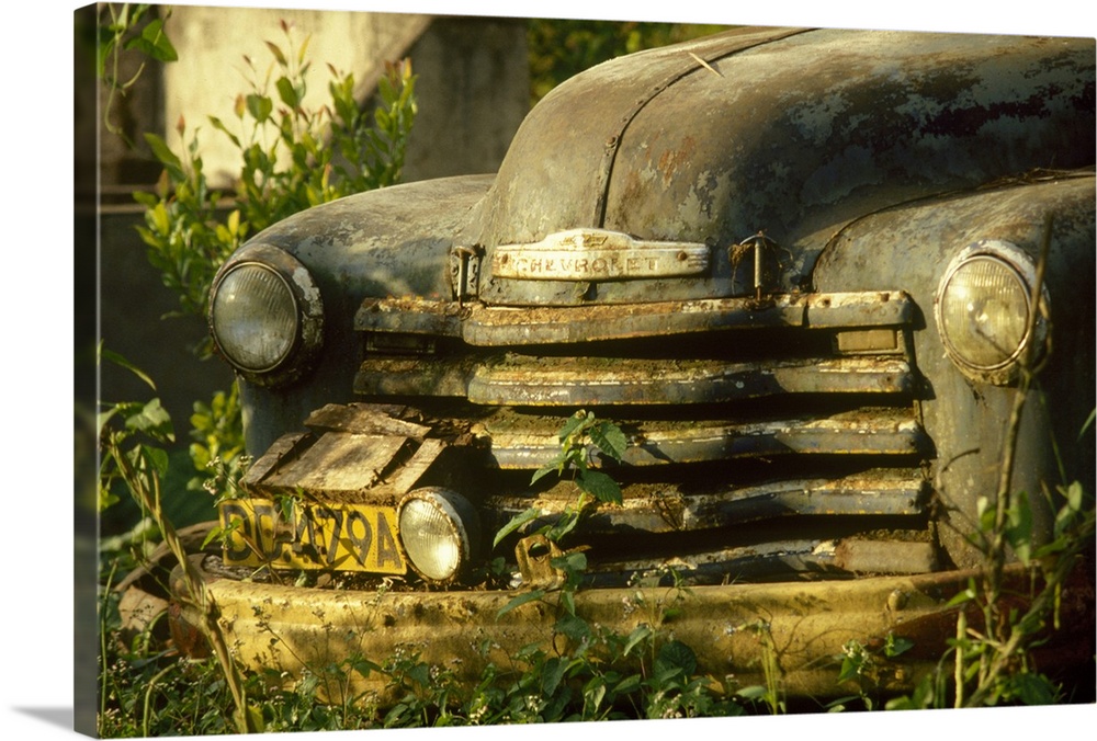 Up-close photograph of vintage car that has become rusted and is sitting in a field of overgrown grass.