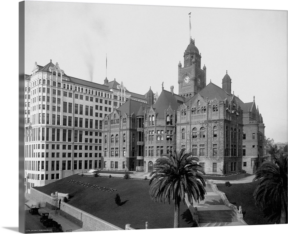 The old Los Angeles courthouse, torn down in 1933 , beside the Hall of Records, on Spring Street.