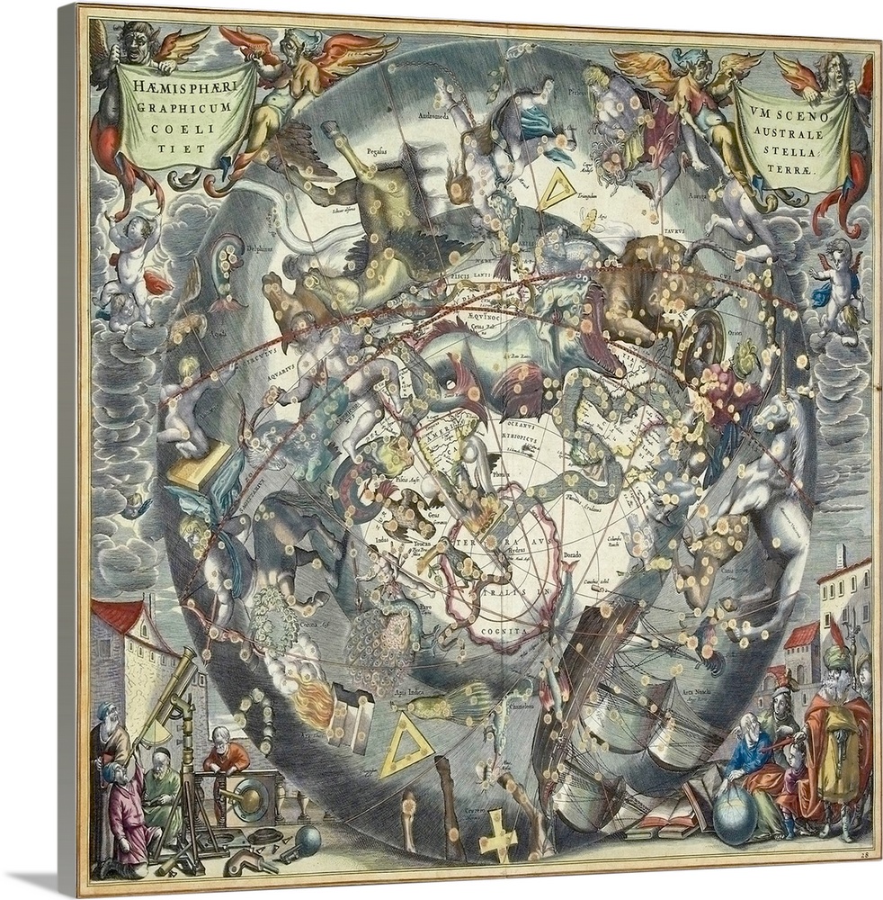This large piece is a vintage map of the old world with many different paintings of things and creatures.