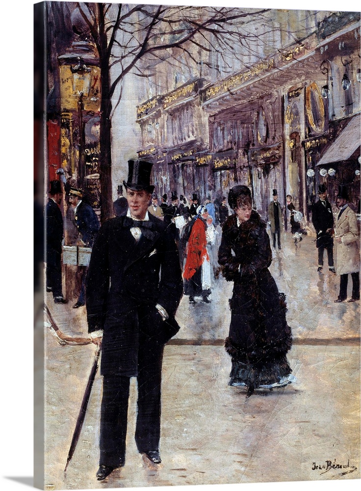 On the Boulevard. Parisian scene during La Belle Eopque. On the left, a Morris Column. Painting by Jean Beraud (1849-1935)...