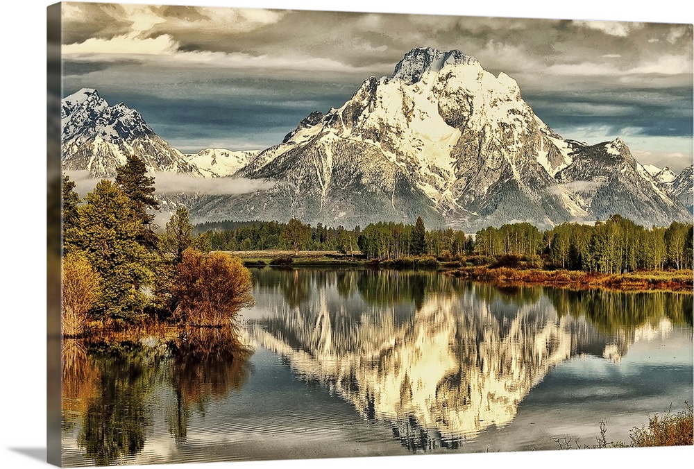 Low hanging clouds over Mount Moran at Oxbow Bend in Grand Teton National Park, Jackson Hole, Wyoming.