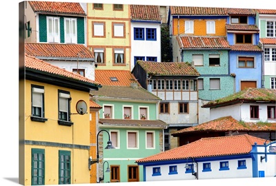 Painted houses like a puzzle in Cudillero, Spain.