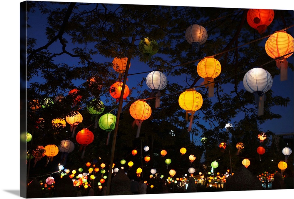 Paper lanterns hanging from trees at dusk in Jangchung Park during festival marking Buddha's birthday.