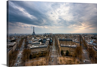 Paris and Eiffel Tower, taken from the top of Arc de Triomphe.