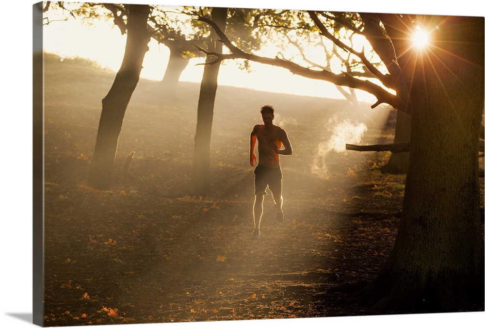 An athlete enjoys the atmospheric conditions of Richmond Park during an early morning workout.