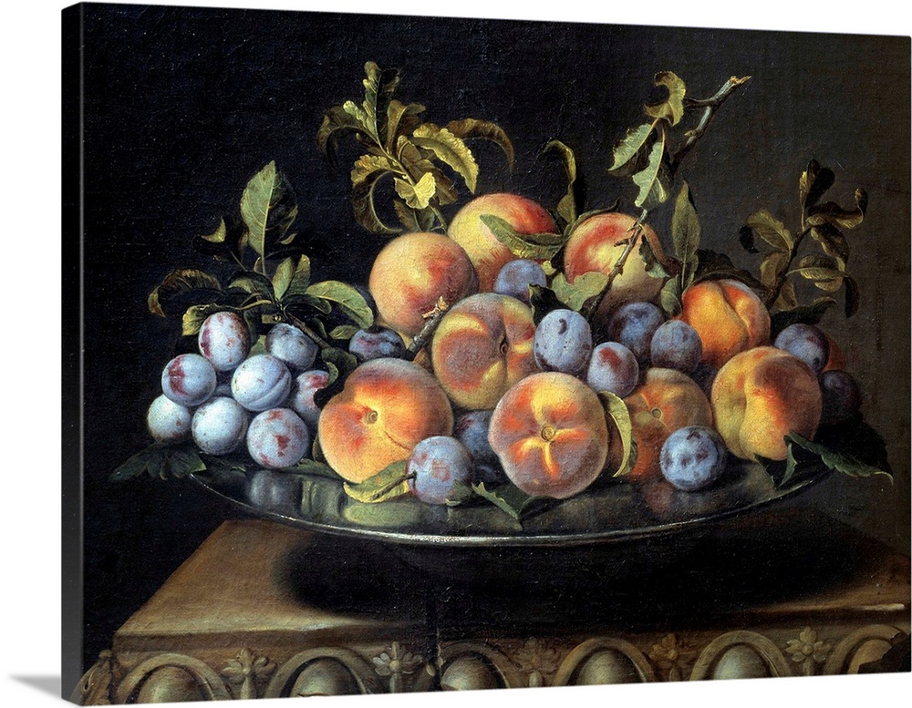 Peaches and plums in a pewter plate. Still life. Painting by Pierre Dupuis (1610-1682), 17th century. 0,48 x 0,61 m. Louvr...