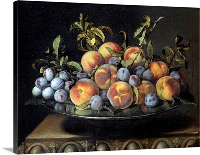 Peaches and plums in a pewter plate by Pierre Dupuis